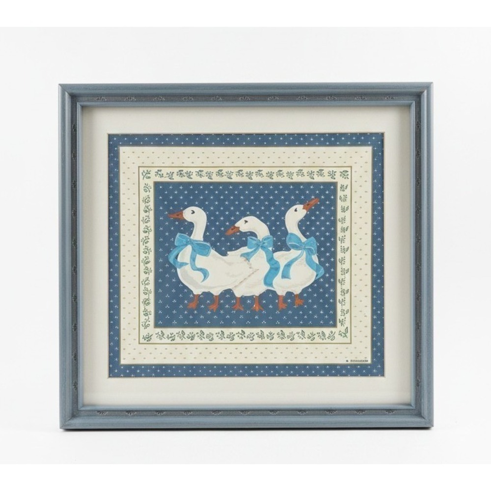 Vtg Home Interiors B Summers 3 Country Geese Blue Ribbon Cottagecore Framed Art